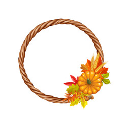 Happy Thanksgiving. Beautiful wicker wreath of vines with pumpkin, berries and autumn leaves, isolated on white background. Illustration for cards and invitations. High quality photo