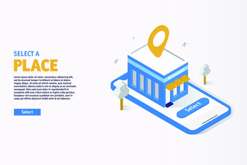 Select a Place Online Through Smartphone. Website template. Landing Page. Application Concept.