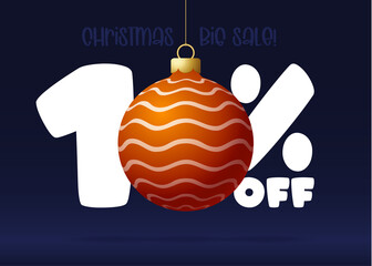 Merry christmas big Sale banner. Christmas Sale 10 percent off banner template with decorated ball hang on a thread. Happy new year and xmas Vector illustration