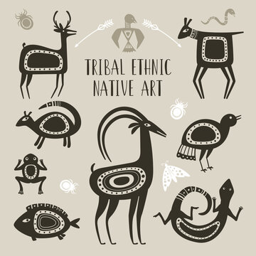 Native totem animals. Tribal ethnic animal drawings, lizard deer fish frog goat bird drawn totems beast symbols, indigenous tattoo mythology brute ornament signs
