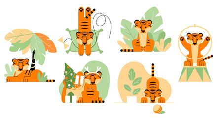 Cartoon Tiger Cubs in different situations. A vector set on an isolated background. The concept of a cute character. The symbol of the year. Drawings for decoration, postcards, stickers, prints.