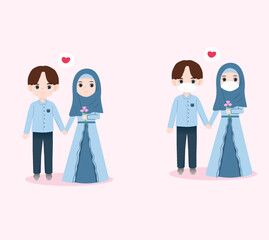 Muslim wedding couple wearing blue casual clothes