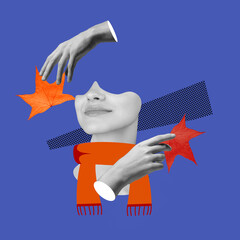 Contemporary art collage of female face part and human hands isolated over blue background. Concept...