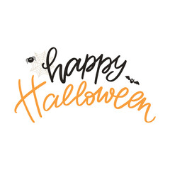 Happy Halloween lettering, vector brush calligraphy with spider web and bat. Handwritten Halloween typography print for flyer, poster, greeting card, banner. Hand drawn decorative design element