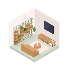 Vector isometric low poly cozy living room with various furniture.