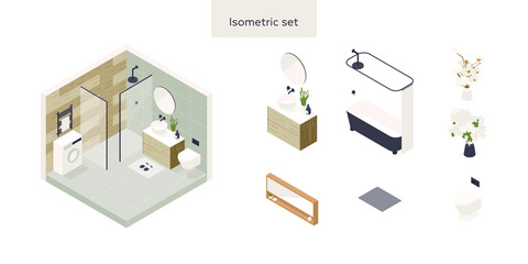 Set of vector isometric low poly cozy bathroom with various furniture.