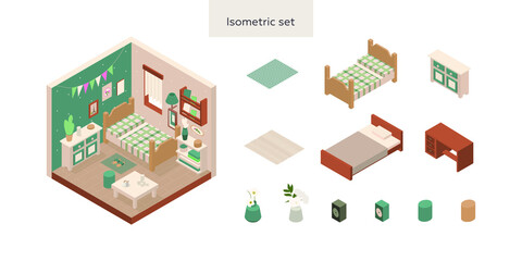 Set of vector isometric low poly cozy room with various furniture.