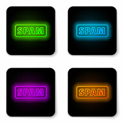 Glowing neon line Spam icon isolated on white background. Black square button. Vector