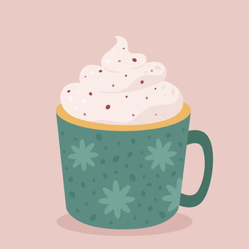 Autumn and winter hot drink. Christmas hot chocolate, coffee. Vector illustration.