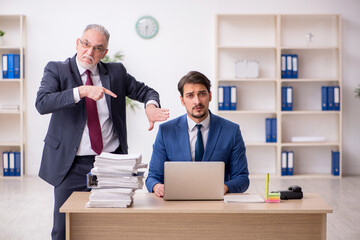Old boss and young male employee in bullying concept