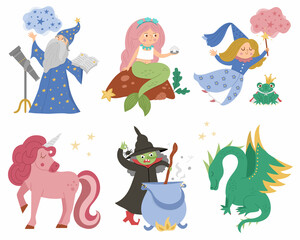 Fairy tale characters collection. Vector set of fantasy witch, unicorn, dragon, fairy, magician, mermaid, frog prince. Medieval fairytale castle pack. Cartoon magic icons for kids..