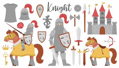 Fairy tale knight armor collection. Big vector set of fantasy armored warrior and castle. Fairytale soldier pack with sword, shield, horse, crown, chain mail. Cartoon icons with medieval weapon..