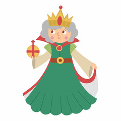 Fairy tale queen with orb isolated on white background. Vector fantasy monarch in crown and mantle. Medieval fairytale prince character. Cartoon magic sovereign icon.