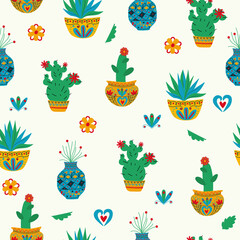 Seamless floral natural abstract  pattern,  on white  background, home plant cacti in pots.  Folk art style. Hand drawing. Design for textiles, wallpapers, printed products. Vector illustration