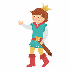 Fairy tale prince with sward isolated on white background. Vector fantasy young monarch in crown. Medieval fairytale character. Cartoon magic sovereign icon.