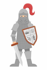 Fairy tale knight. Fantasy armored warrior isolated on white background. Fairytale soldier in helmet with sword, shield, chain mail. Cartoon icon with medieval character and weapon..