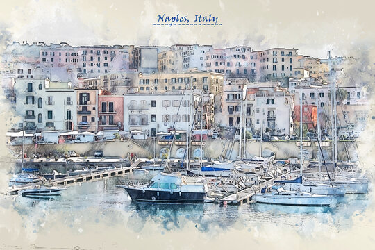 coast of Naples, Italy  in sketch style