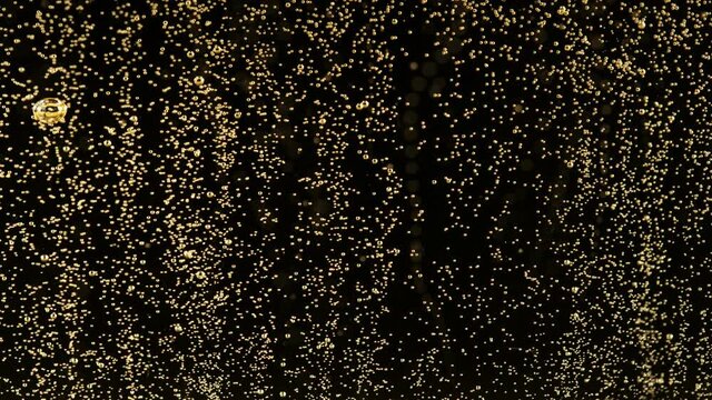 Super slow motion of champagne bubbles texture on black background. Filmed on high speed cinema camera, 1000 fps