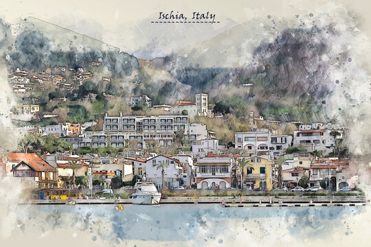 coast of Ischia, Italy  in sketch style