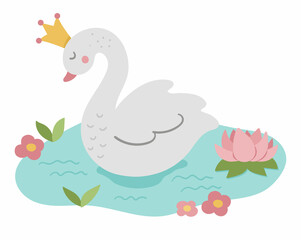 Fairy tale vector swan princess. Fantasy bird in crown in pond with water lily isolated on white background. Fairytale animal character. Cartoon magic icon.