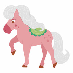 Fairy tale pink horse with green saddle isolated on white background. Vector fantasy animal. Medieval fairytale horse character. Cartoon magic icon.