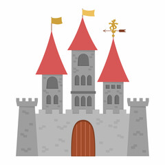 Fototapeta premium Vector castle icon isolated on white background. Medieval stone palace with towers, flags, gates. Fairy tale king house illustration.
