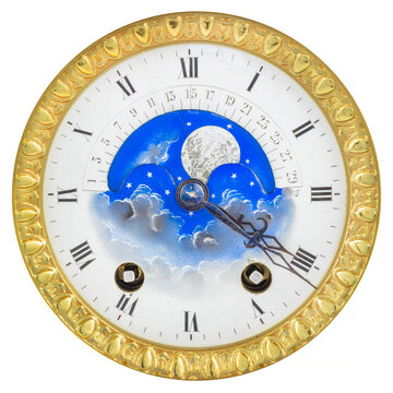 Authentic eighteenth century golden clock face with moon rotation isolated on white