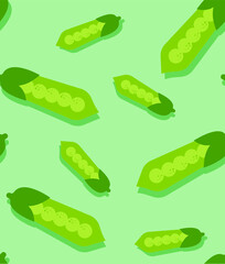 Seamless Pattern with Bright Peas on a Green Coloured Background. Fresh Peas and Leaves Concept. Modern Abstract Design for Packaging, Print for Clothes, Fabric.