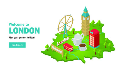 Obraz premium Travel website banner with famous architectural isometric attractions on London map with words: Welcome to London. Traveling concept.