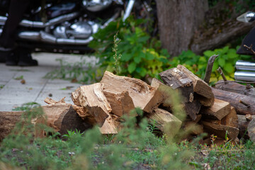 Stack of chopped firewood. There is a motorcycle in the background.