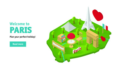 Travel website banner with famous architectural isometric attractions on Paris map with words: Welcome to Paris. Traveling concept.