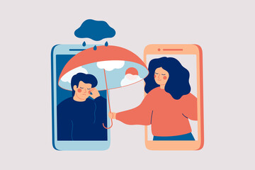Online therapy. Woman supports man with psychological problems. Girl comforts her sad male friend over the phone. Counselling for people under stress and depression over online services. Vector - obrazy, fototapety, plakaty