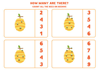 Fototapeta premium Counting game with cute bees on hives. Count number of angles.