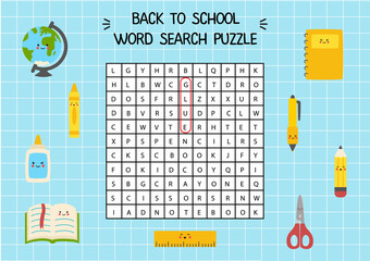 School supplies search puzzle for preschool kids.