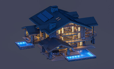 3d rendering of modern cozy chalet with pool and parking for sale or rent. Massive timber beams columns. In the night. Isolated on black