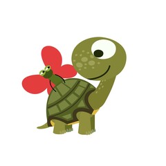 Obraz premium Cute little baby turtle. Funny animal. Having fun and playing with a butterfly. The isolated object on a white background. Flat style. Vector.