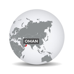 World globe map with the identication of Oman. Map of Oman. Oman on grey political 3D globe. Asia map. Vector stock.