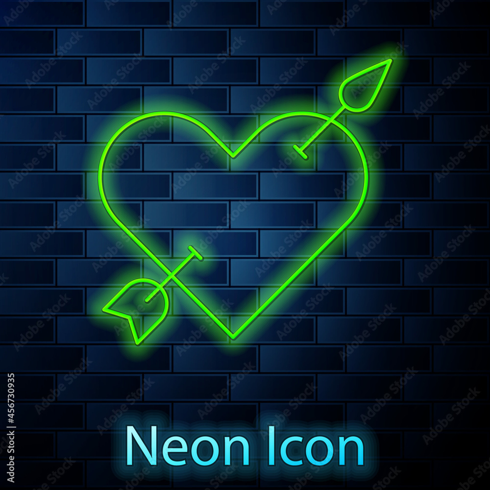 Poster Glowing neon line Amour symbol with heart and arrow icon isolated on brick wall background. Love sign. Valentines symbol. Vector