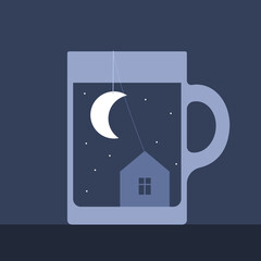 Hygge concept illustration. A mug of tea with teabag in shape of the house with the label in shape of the moon.