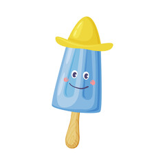 Funny Blue Ice Cream on Stick with Happy Smiling Face and Hat Vector Illustration