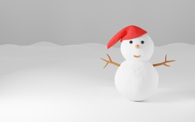 3D rendering of snowman with red hat on white background 