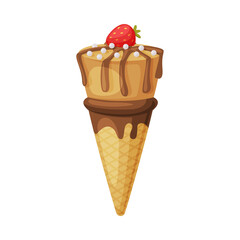 Chocolate Ice Cream in Waffle Cone with Strawberry Topping as Frozen Dessert and Sweet Snack Vector Illustration