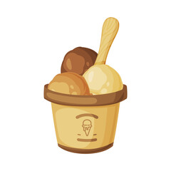 Chocolate and Caramel Ice Cream in Cup with Wooden Stick as Frozen Dessert and Sweet Snack Vector Illustration