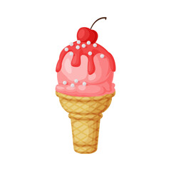 Pink Ice Cream Ball in Waffle Cup as Frozen Dessert and Sweet Snack Vector Illustration