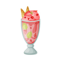 Pink Ice Cream in Glass Bowl with Strawberry as Frozen Dessert and Sweet Snack Vector Illustration