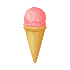 Pink Ice Cream in Waffle Cone as Frozen Dessert and Sweet Snack Vector Illustration