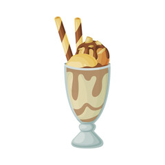 Ice Cream in Glass Served with Wafer Rolls and Chocolate as Frozen Dessert and Sweet Snack Vector Illustration