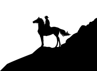 wild west mountain landscape scene - vector silhouette design with cowboy and horse standing on cliff slope