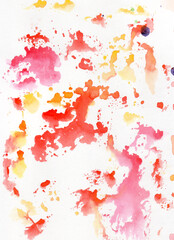 Red and yellow watercolor stains on white background, vertical abstract watercolor background a4 size