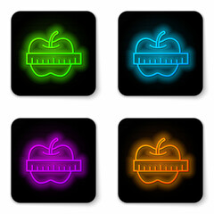 Glowing neon line Apple and measuring tape icon isolated on white background. Excess weight. Healthy diet menu. Fitness diet apple. Black square button. Vector
